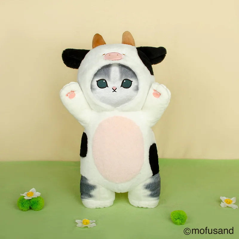 Peluche gatto kawaii gigante Mofusand in cosplay dinosauro e mucca, morbido e adorabile