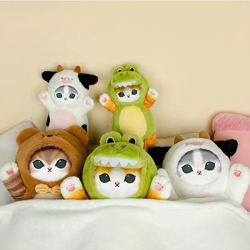 Peluche gatto kawaii gigante Mofusand in cosplay dinosauro e mucca, morbido e adorabile