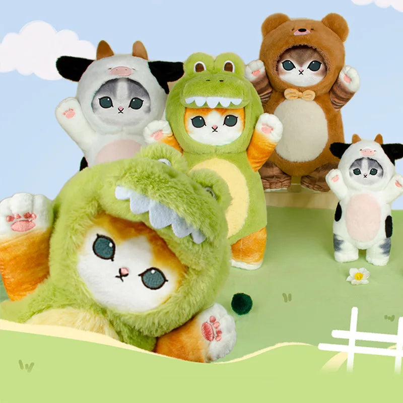 Peluche gatto kawaii gigante Mofusand in cosplay dinosauro e mucca, morbido e adorabile