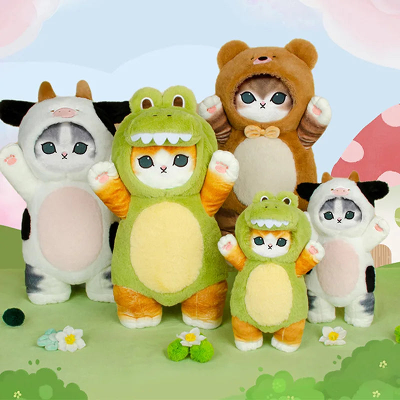 Peluche gatto kawaii gigante Mofusand in cosplay dinosauro e mucca, morbido e adorabile