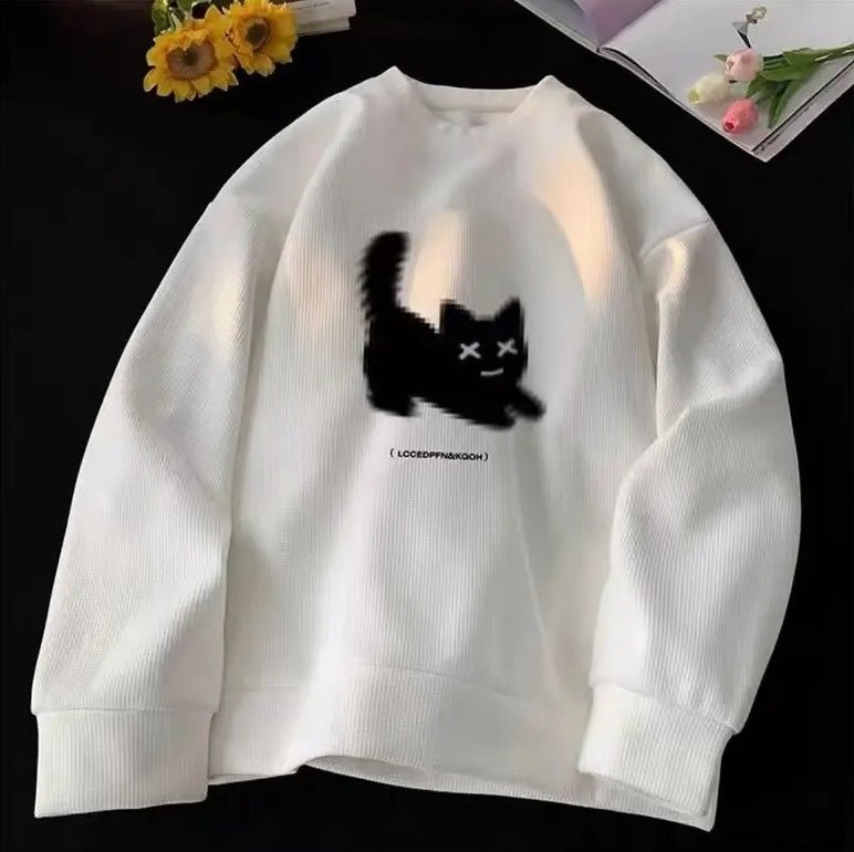 Felpa oversize bianca con stampa di gatto nero, casual uomo fino a 5XL.