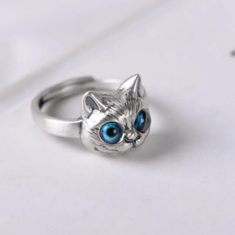 Anello Gatto con occhi blu in argento, Regali Purrfetti