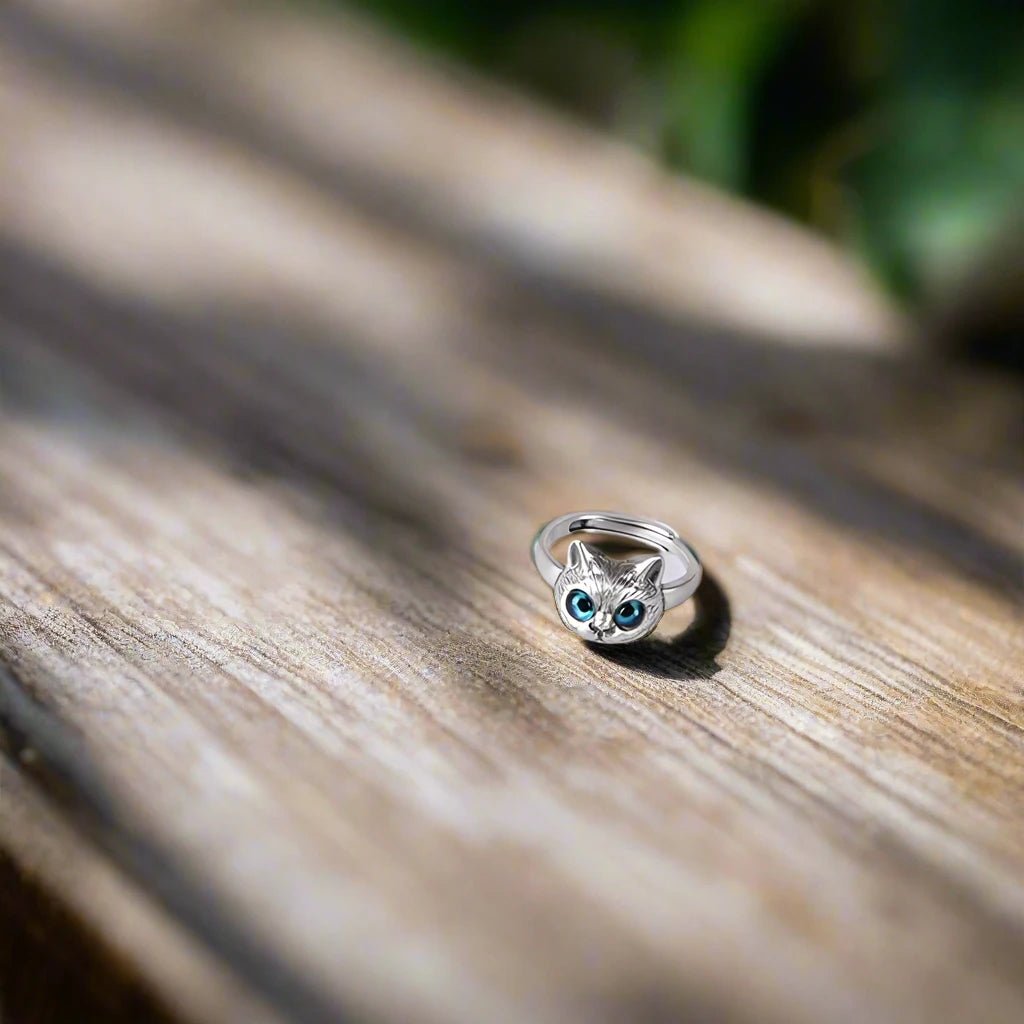 Anello Gatto con occhi blu in argento, Regali Purrfetti