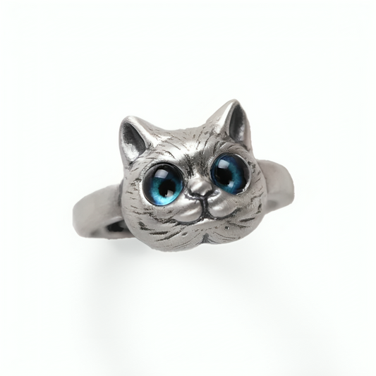 Anello Gatto con occhi blu in argento, Regali Purrfetti