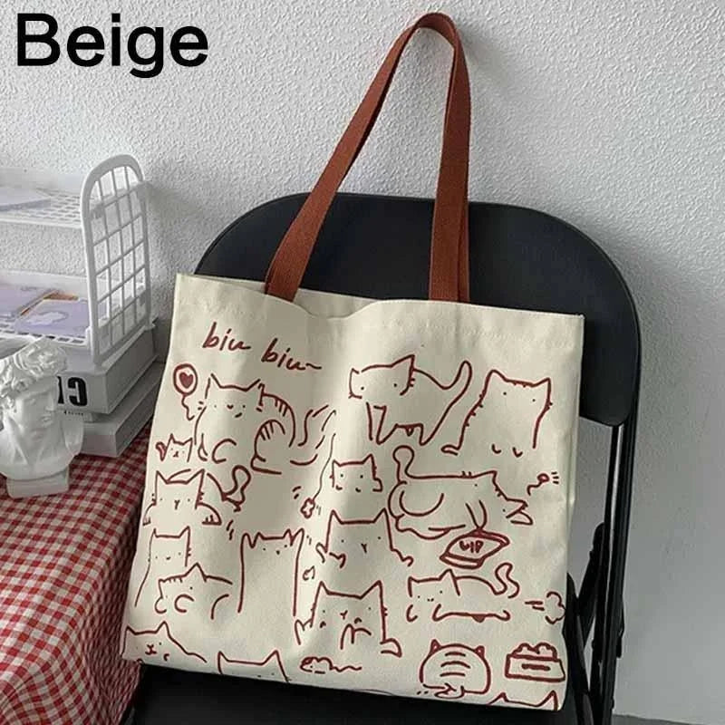 Borsa con gatti in tela, versatile e pieghevole, beige o nero