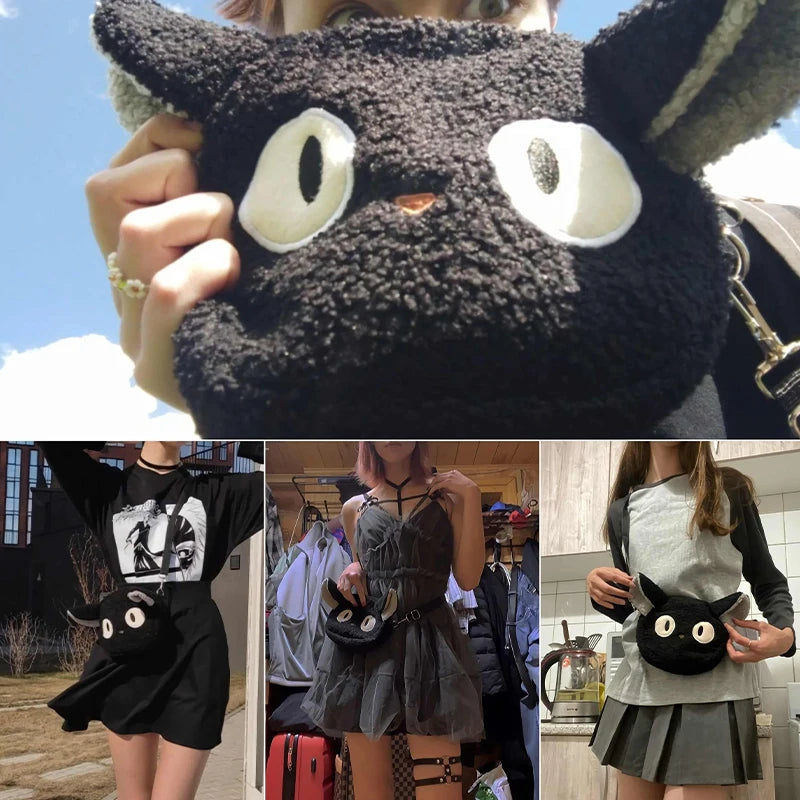 Borsa a tracolla gatto nero kawaii, morbida e spaziosa
