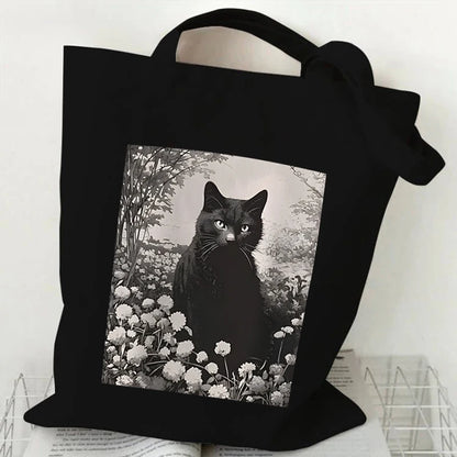 Borse nere in tela con design di gatto psichedelico, stile dreamcore e grunge