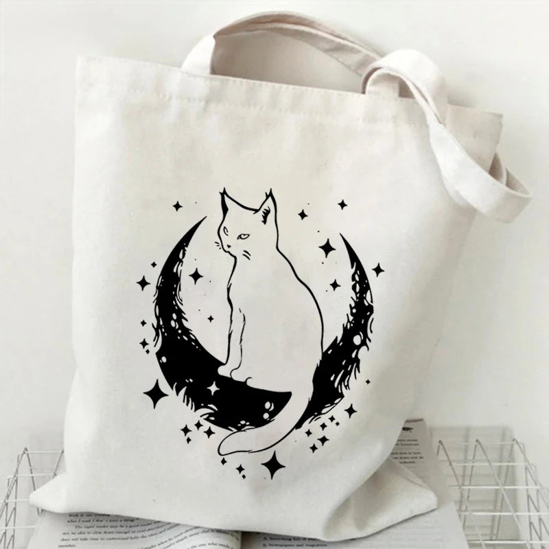 Borse nere in tela con design di gatto psichedelico, stile dreamcore e grunge