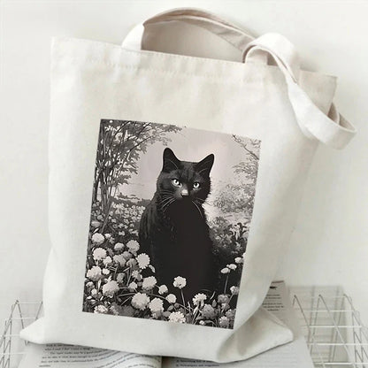 Borse nere in tela con design di gatto psichedelico, stile dreamcore e grunge