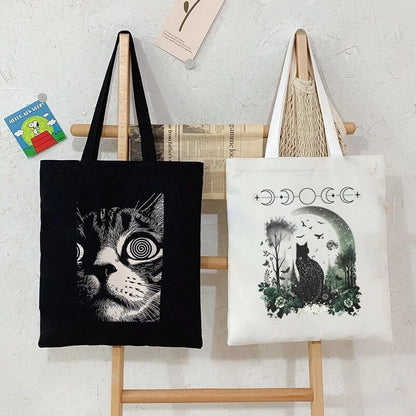 Borse nere in tela con design di gatto psichedelico, stile dreamcore e grunge