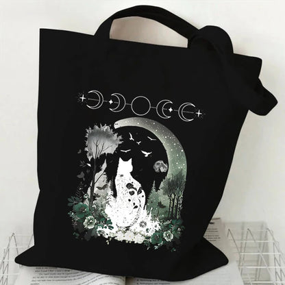 Borse nere in tela con design di gatto psichedelico, stile dreamcore e grunge