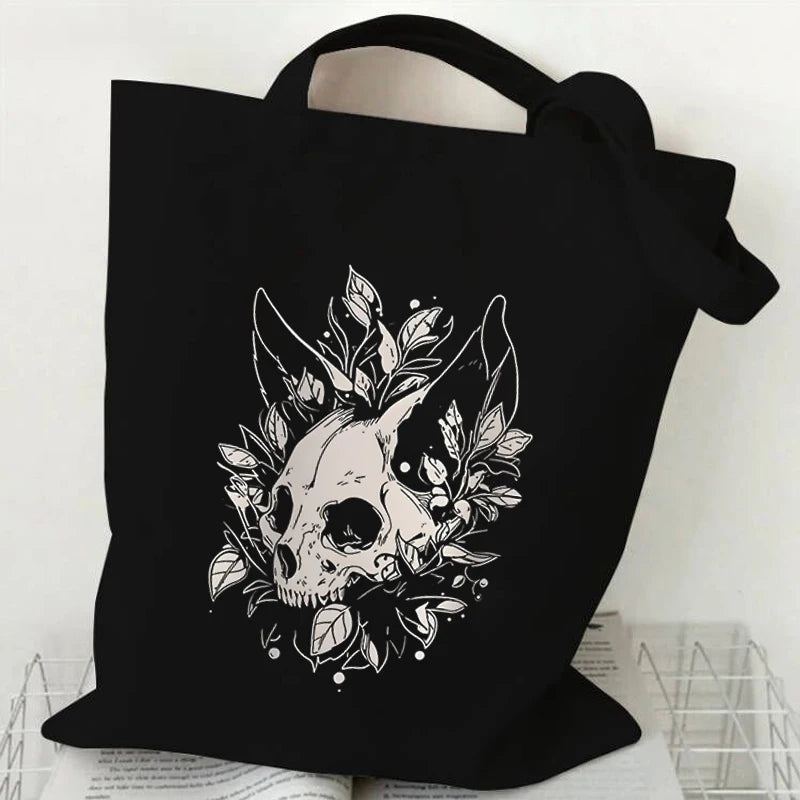 Borse nere in tela con design di gatto psichedelico, stile dreamcore e grunge