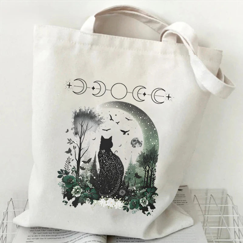 Borse nere in tela con design di gatto psichedelico, stile dreamcore e grunge