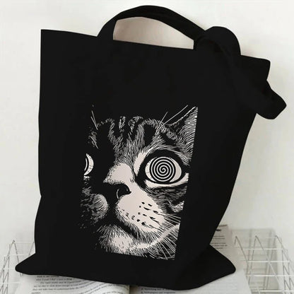 Borse nere in tela con design di gatto psichedelico, stile dreamcore e grunge