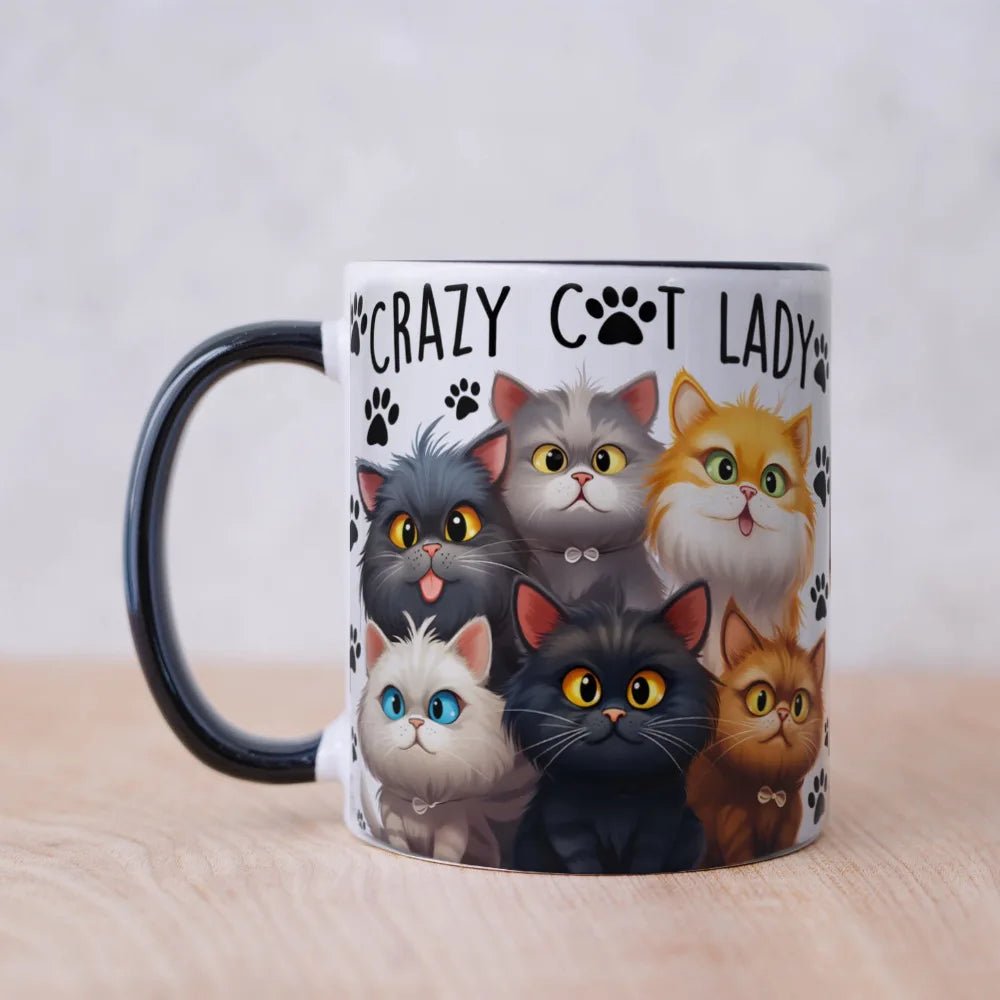 Tazza in ceramica bianca da 11oz con scritta "Crazy Cat Lady", manico ergonomico, e design a tema gatto, sicura per microonde e lavastoviglie