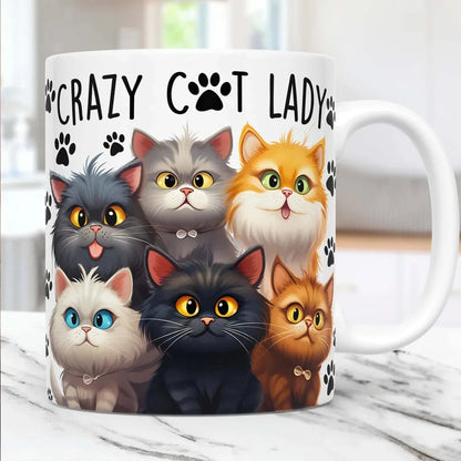 Tazza in ceramica bianca da 11oz con scritta "Crazy Cat Lady", manico ergonomico, e design a tema gatto, sicura per microonde e lavastoviglie