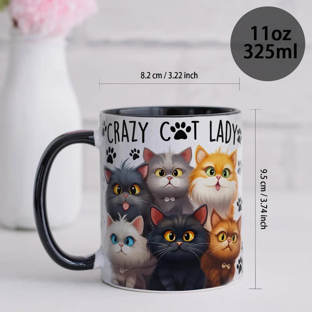 Tazza in ceramica bianca da 11oz con scritta "Crazy Cat Lady", manico ergonomico, e design a tema gatto, sicura per microonde e lavastoviglie