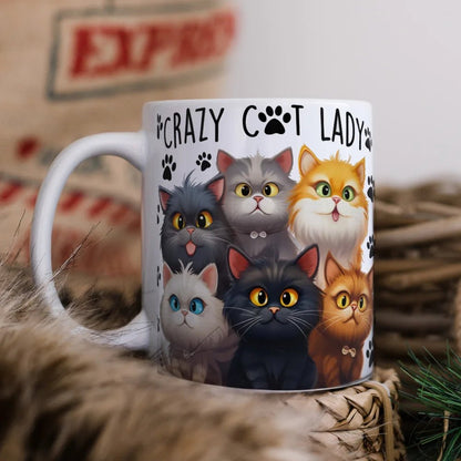 Tazza in ceramica bianca da 11oz con scritta "Crazy Cat Lady", manico ergonomico, e design a tema gatto, sicura per microonde e lavastoviglie