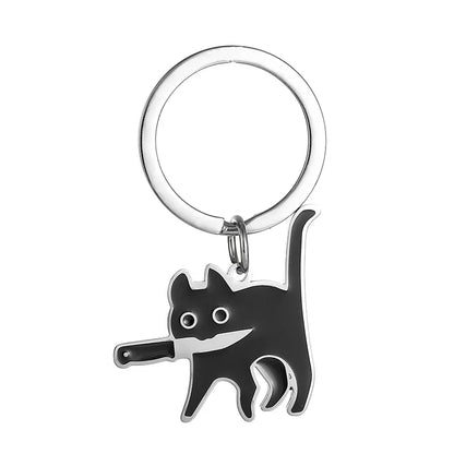 Portachiavi Cute Knife Cat in acciaio inox con un gattino nero che tiene un coltello, perfetto per borse e chiavi.