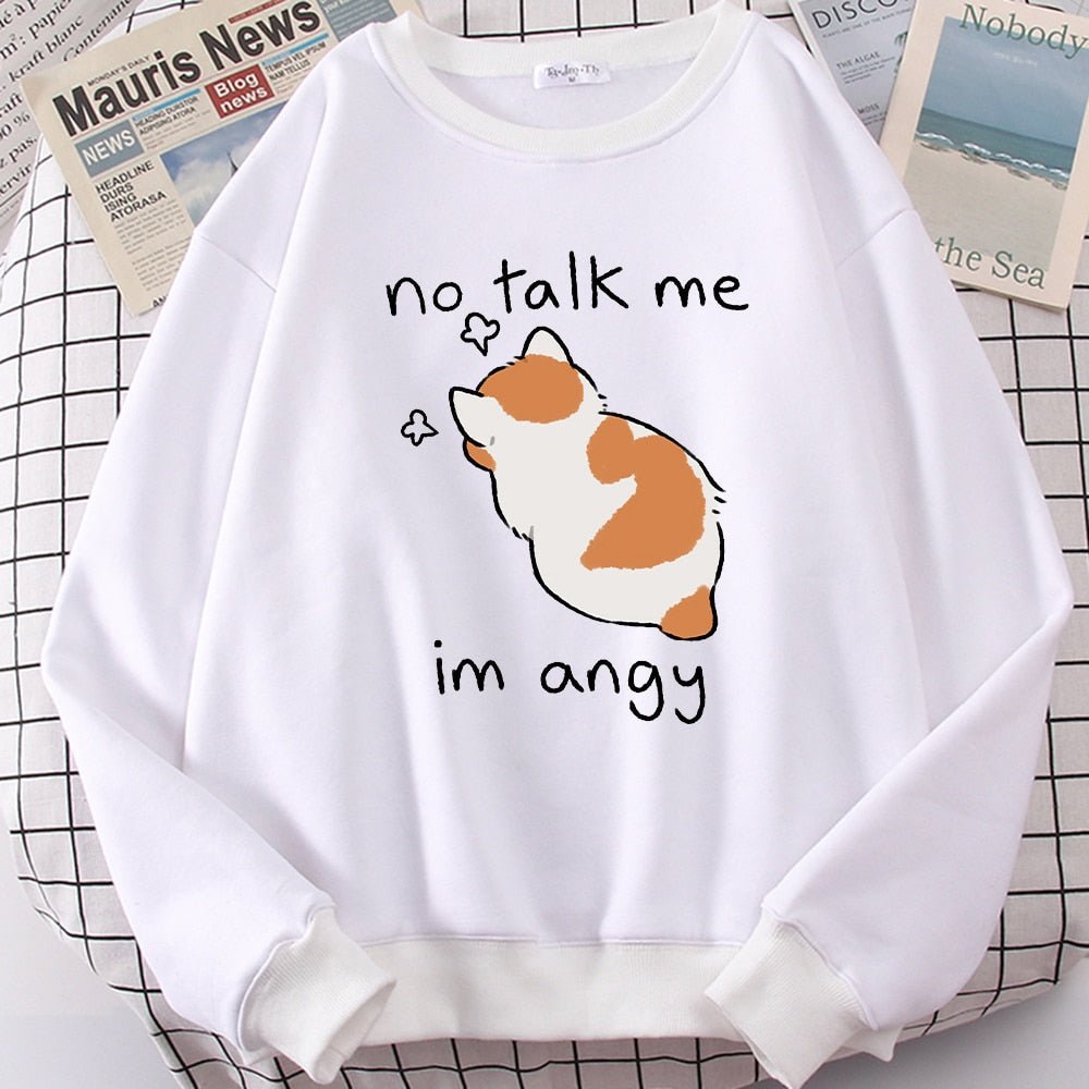 Felpa oversize kawaii con stampa di gatto arrabbiato, perfetta per donna. "No Talk Me, I’m Angry" divertente e comoda per l’inverno.