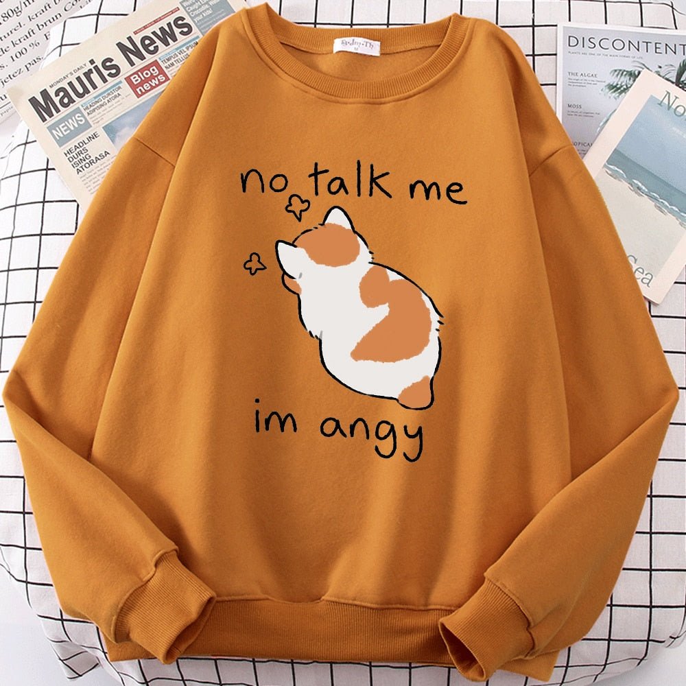 Felpa oversize kawaii con stampa di gatto arrabbiato, perfetta per donna. "No Talk Me, I’m Angry" divertente e comoda per l’inverno.