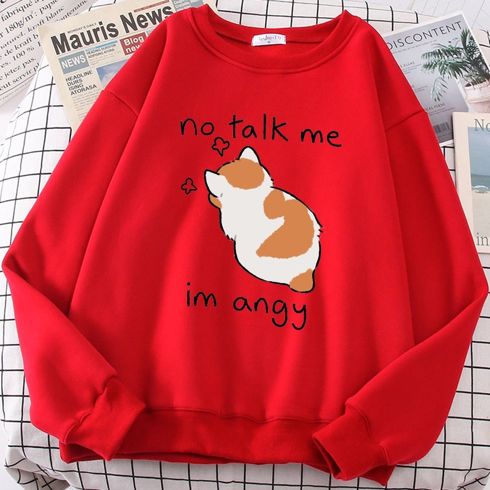 Felpa oversize kawaii con stampa di gatto arrabbiato, perfetta per donna. "No Talk Me, I’m Angry" divertente e comoda per l’inverno.