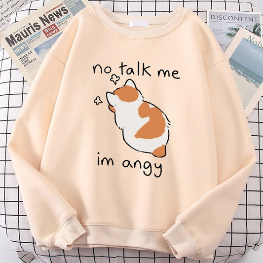 Felpa oversize kawaii con stampa di gatto arrabbiato, perfetta per donna. "No Talk Me, I’m Angry" divertente e comoda per l’inverno.