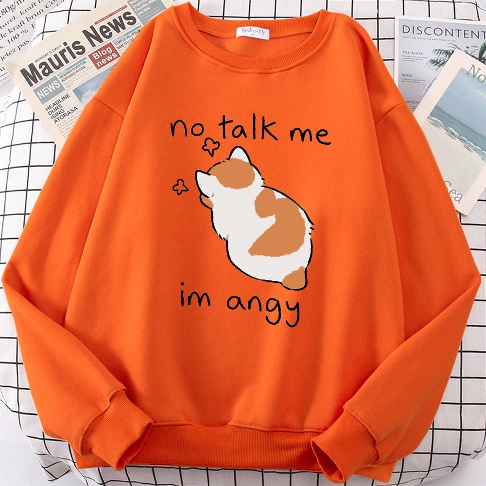 Felpa oversize kawaii con stampa di gatto arrabbiato, perfetta per donna. "No Talk Me, I’m Angry" divertente e comoda per l’inverno.