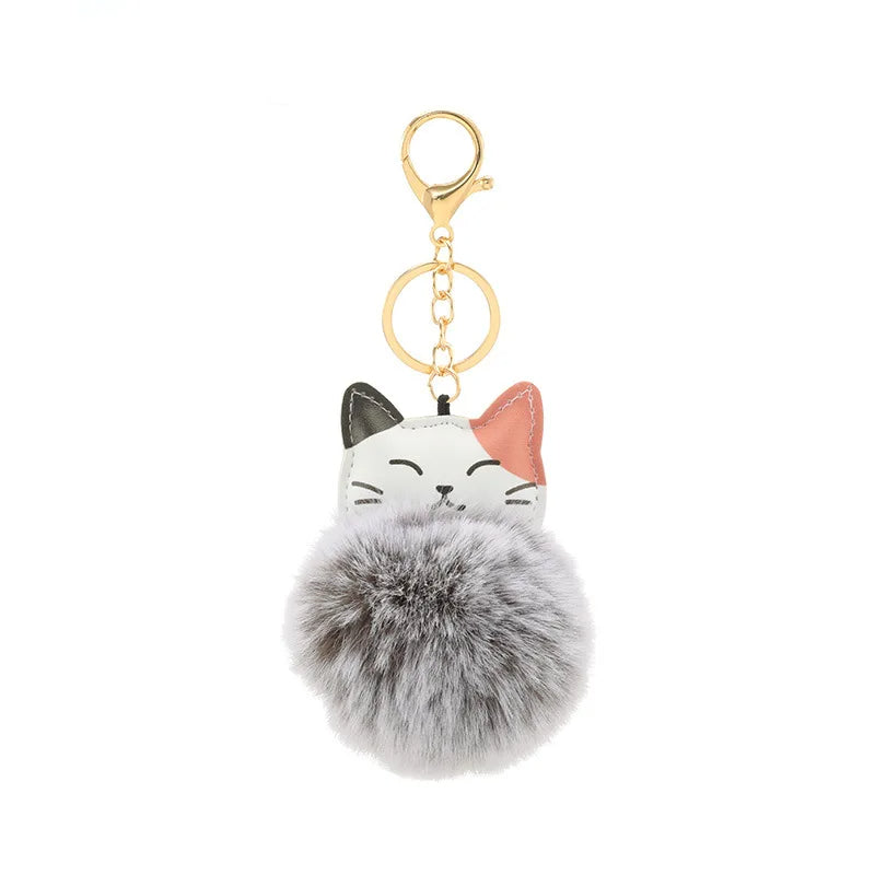 Portachiavi con pompom morbido in pelliccia sintetica e design a forma di gatto, perfetto per accessori e chiavi.