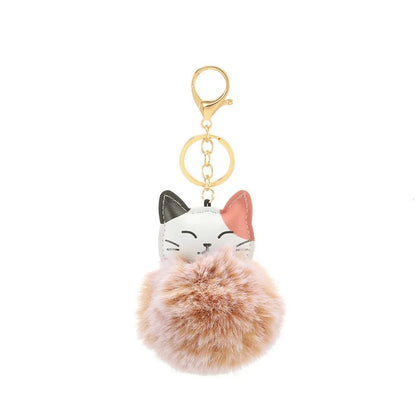 Portachiavi con pompom morbido in pelliccia sintetica e design a forma di gatto, perfetto per accessori e chiavi.