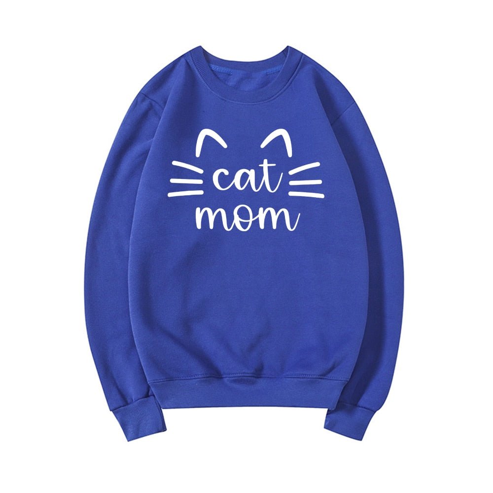 Felpa Cat Mom con orecchie e baffi, perfetta per le mamme gattare. Disponibile in rosa, grigio, beige, e altri colori. Felpa comoda per autunno e inverno.