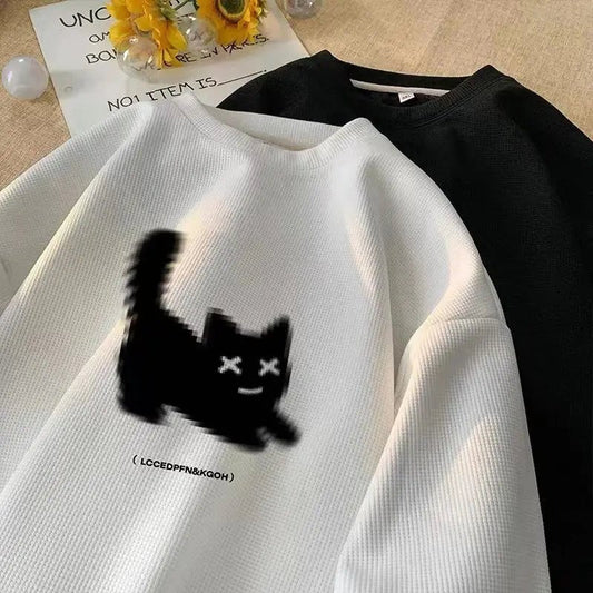 Felpa oversize bianca con stampa di gatto nero, casual uomo fino a 5XL.